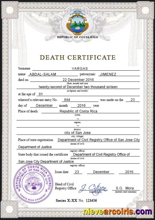 Costa Rica death certificate